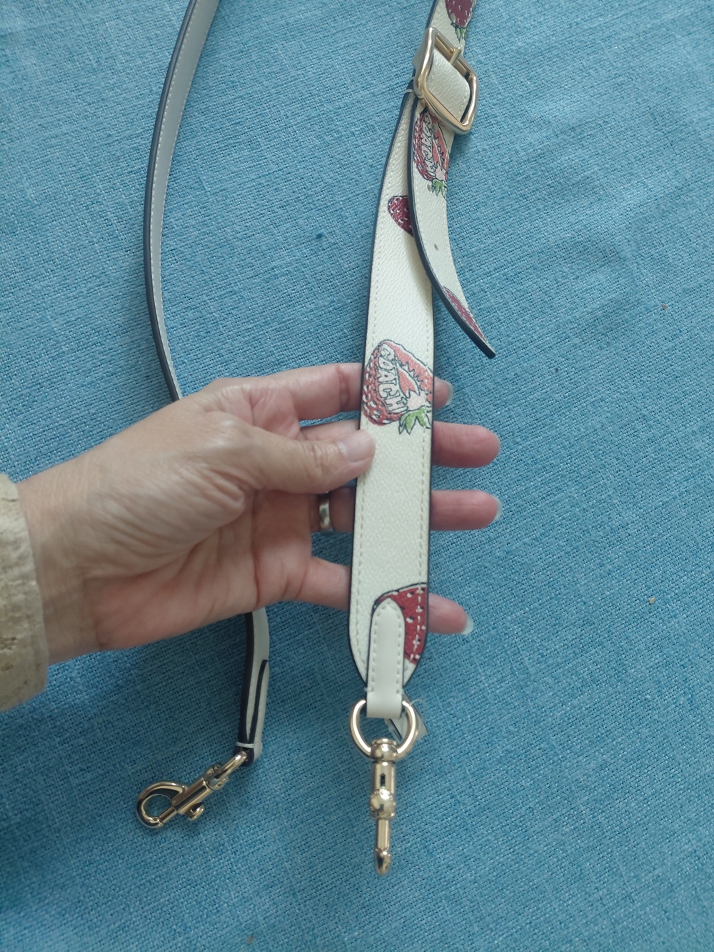 Coach White Leather Crossbody Strap with Red Strawberry Print